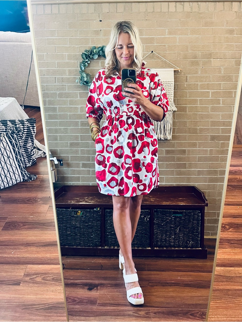 Red Floral Print Mini Dress with Elastic Waist